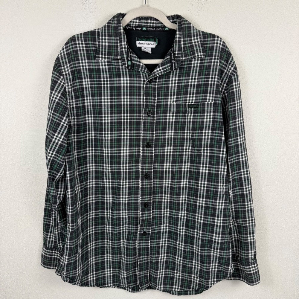 Ecko Unltd Mens Plaid Long Sleeve Button Down Shirt Green Black White Large L